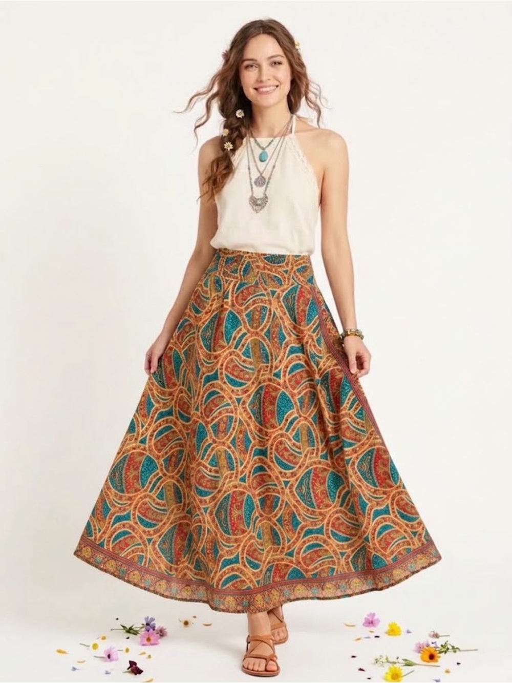 Boho Fashion Paisley Art Silk Maxi Skirt Large Vibrant Multicolored
